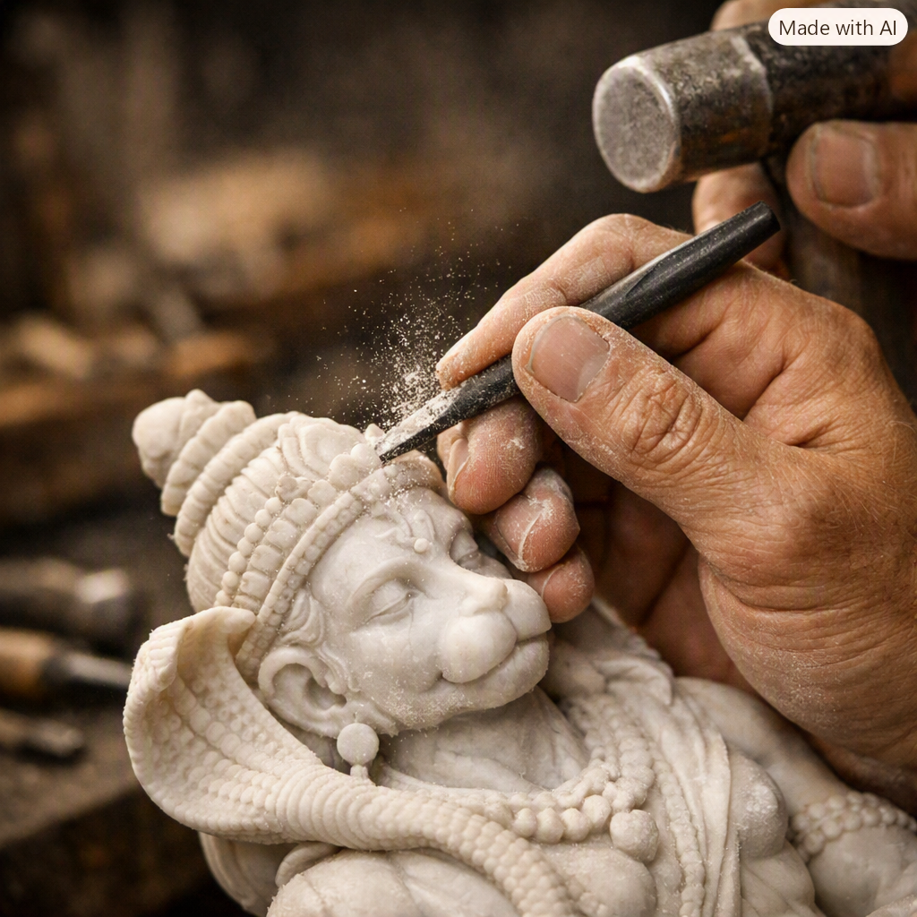 Artisan working on a handcrafted marble murti
